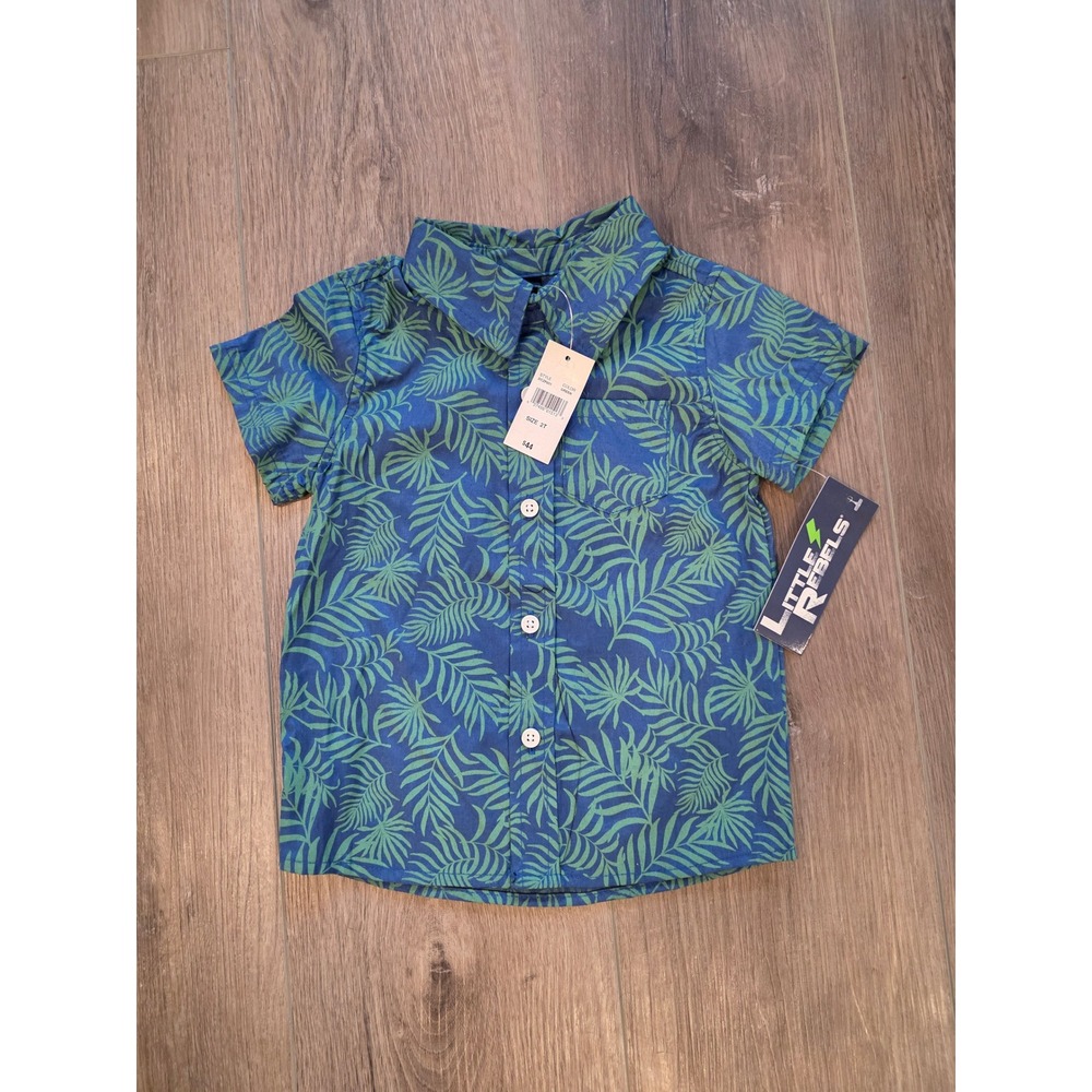 NWT Little Rebels Toddler Size 2T Navy Green Palm Trees Button Up Collared Shirt